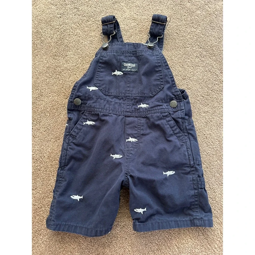 OshKosh B'gosh Shark Embroidered Navy Blue Canvas Overalls 18M Vestbak